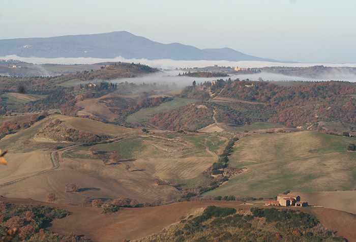 Podere Santa Pia, morning view on the valley below and Colle Massari

