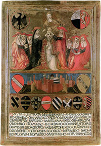 Tavoletta di Biccherna - Vecchietta, Incoronazione di Pio II, veduta di Siena fra due chimere, Archivio di Stato di Siena, 1460