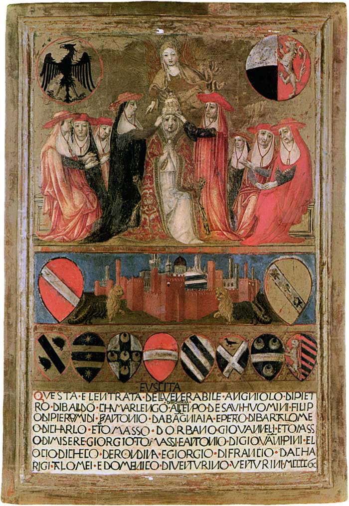 Lorenzo di Pietro detto il Vecchietta, Incoronazione di Pio II, veduta di Siena fra due chimere, Archivio di Stato di Siena, 32. Biccherna. 1460
